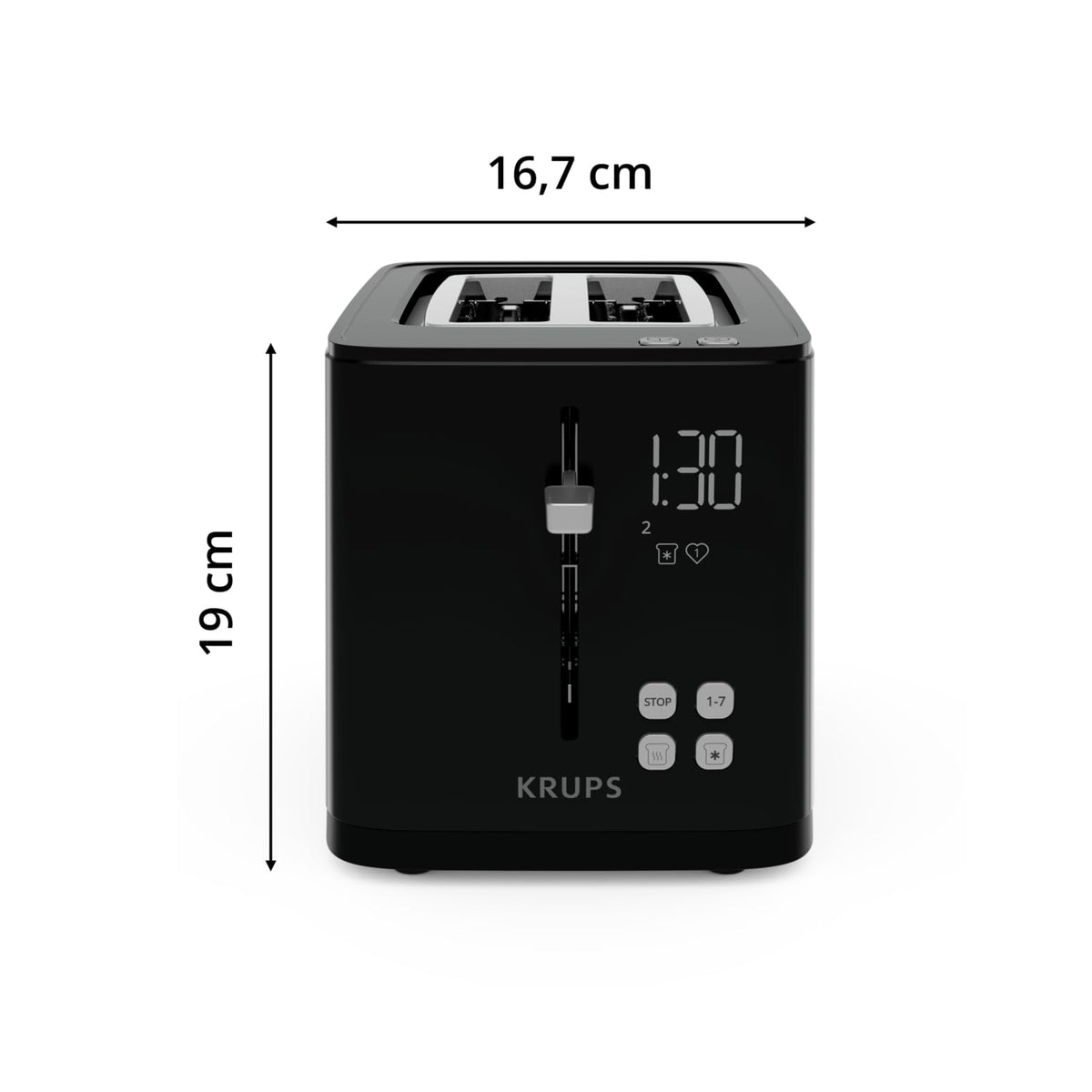 Krups KH641810 Smart'n Light Toaster, toaster cu două felii, display digital, 7 niveluri de rumenire, sertar pentru firimituri detașabil, cronometru, dispozitiv de ridicare, negru