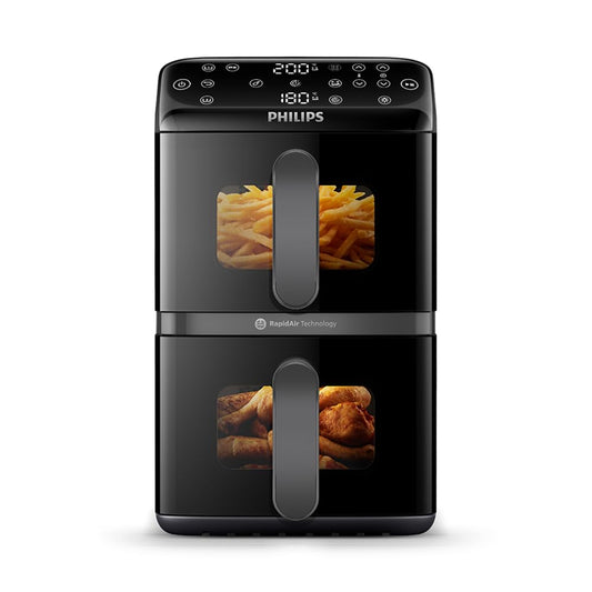 Philips Airfryer 4000 Series Stacked Dual Basket, stacked hot air fryer 2 chambers, 10L, RapidAir technology, 45% less space required, PFAS-free ceramic coating, viewing window (NA460/00)
