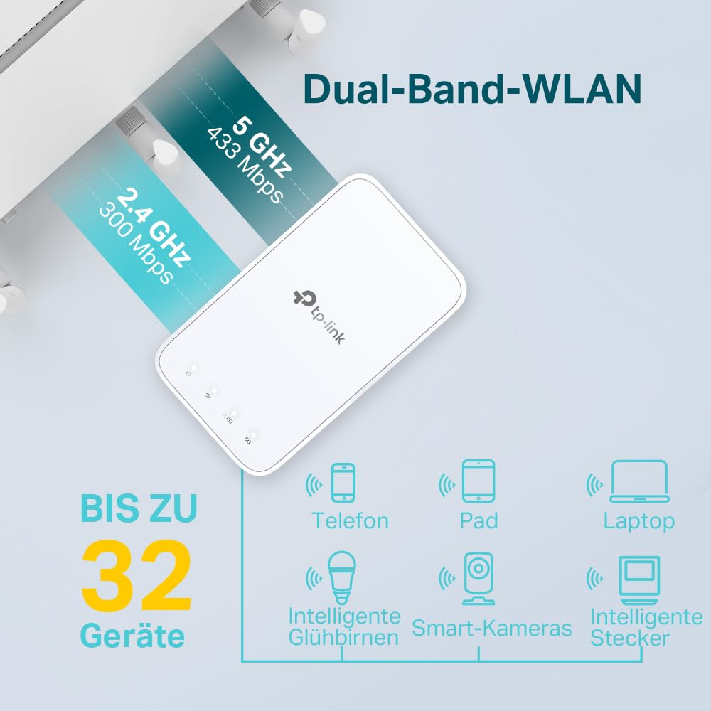 TP-Link RE230 WLAN amplifier repeater AC750 (433MBit/s 5GHz + 300MBit/s 2.4GHz, WLAN amplifier, app control, signal strength display, compatible with all WLAN routers, AP mode) white