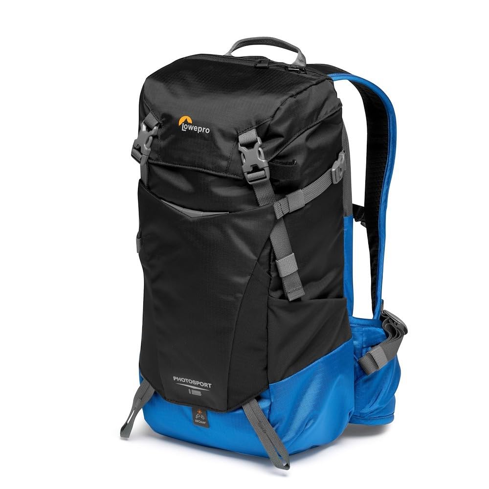 Lowepro PhotoSport BP 15L AW III, rucsac pentru cameră de tip wander, pentru camere mirrorless, acces lateral, inserție pentru cameră detașabilă și sistem de curea pentru accesorii, albastru și negru, compatibil cu Sony α6000.