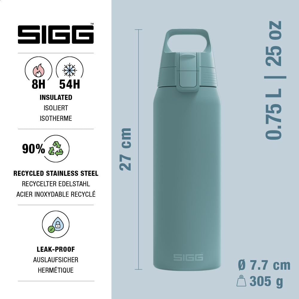 SIGG - Insulated drinking bottle - Thermos bottle Shield Therm One Morning Blue carbonated drinks - Leak-proof - Dishwasher safe - BPA-free - 90% recycled stainless steel - Gray blue - 0.75L - 6020.80