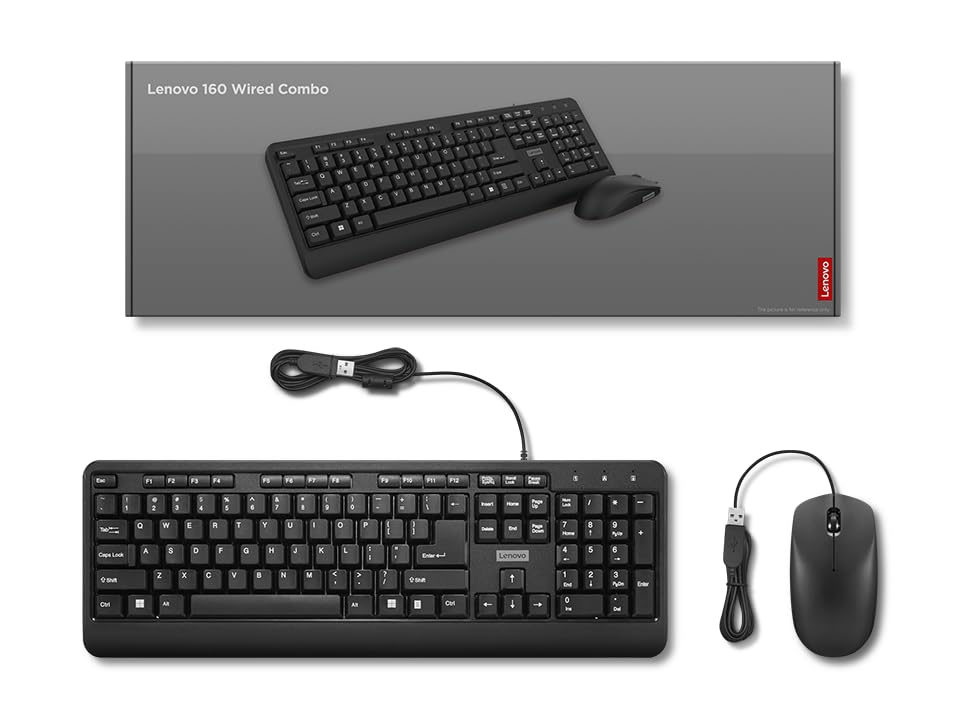 Lenovo 160 combinație între tastatură și mouse cu fir | Exoschelet rezistent la apă | Taste rezistente la stropi | Mouse de dimensiuni complete cu 1600 DPI | Roată de derulare antiderapantă | Suport - GX31L52655