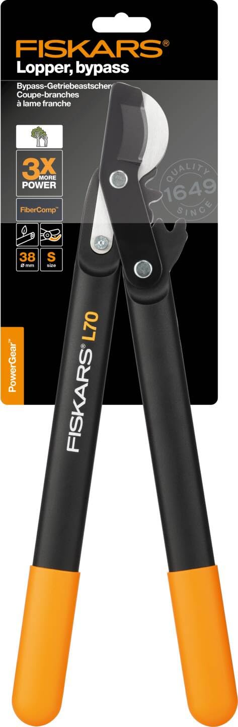 Fiskars PowerGear II Bypass Pruning Shears for Fresh Wood, Non-Stick Coated, Hardened Precision Steel, Length: 46 cm, Black/Orange, L70, 1002104