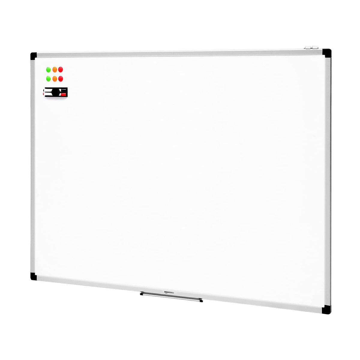Amazon Basics magnetic whiteboard with aluminum frame, pen holder, 6 magnets, 1 eraser and 2 markers for use in the office and at home, for wall mounting, dry-wipe, 120cm x 90cm - 1548964532
