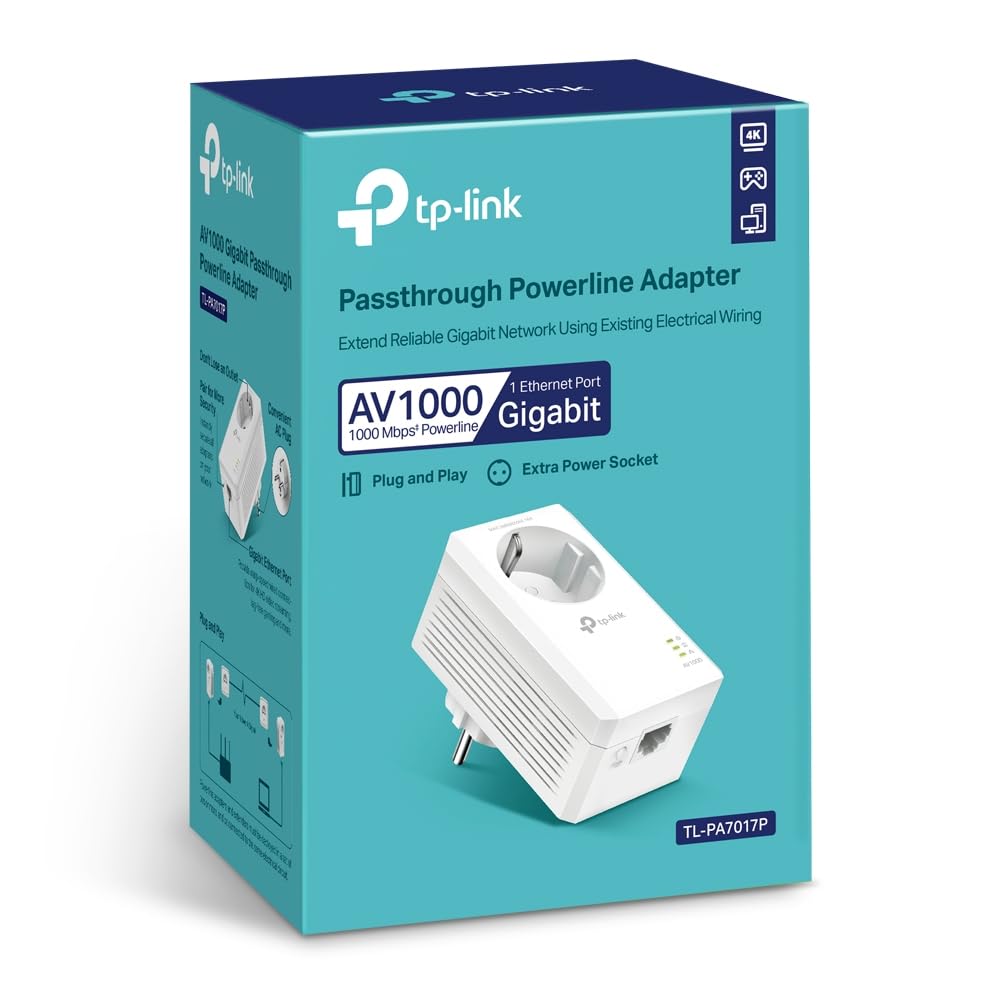 TP-Link TL-PA7017P AV1000 Gigabit Powerline Adapter with Socket (1x Gigabit Port, Plug and Play, Energy Saving, Compatible with TP-Link HomePlug AV Powerline Adapters)