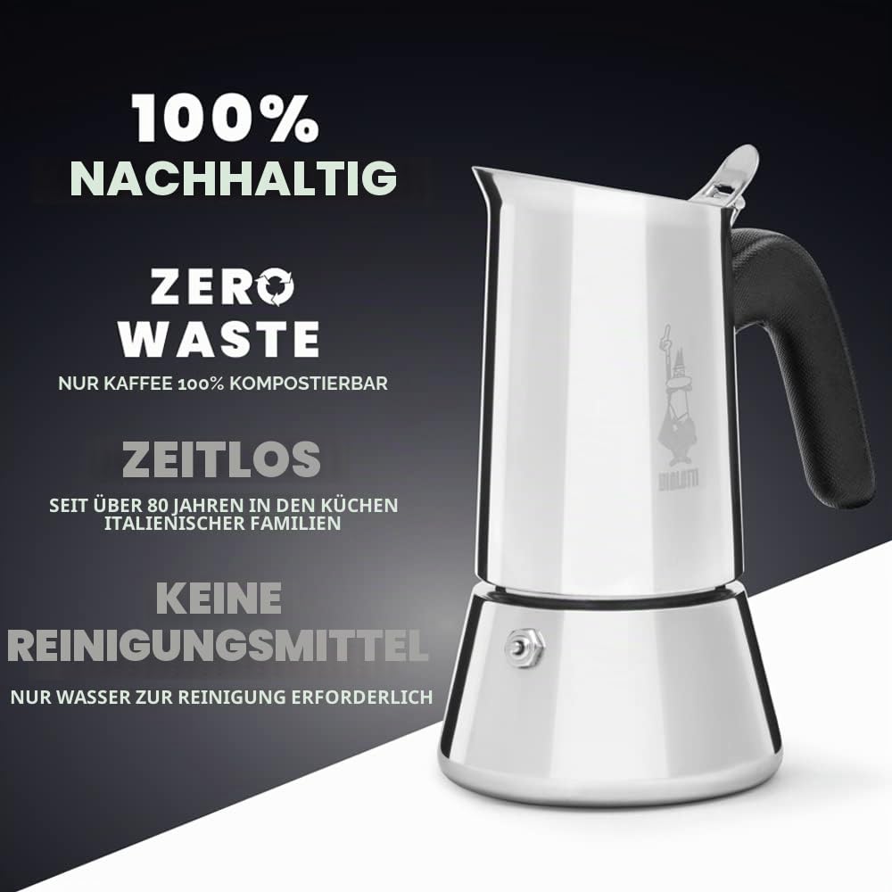 Bialetti - New Venus, espresso machine made of stainless steel, suitable for all types of stoves, 2 separate cups (0.85 ml), aluminum, silver (not suitable for induction) - 0007252/CN