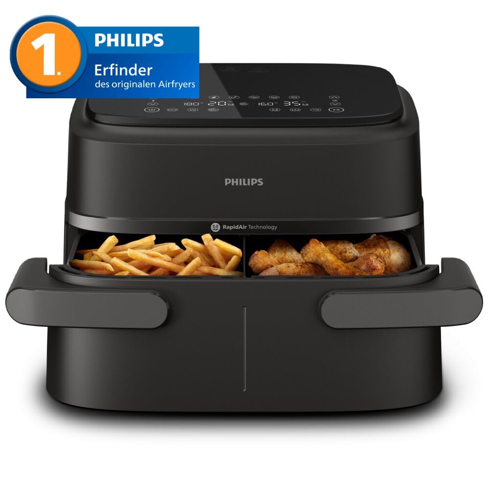 Philips Airfryer 1000 Series Flexible Basket - Hot air fryer with 7.1 L capacity, RapidAir technology, 10 cooking functions, 90% less fat, compact design, HomeID recipe app (NA154/00)