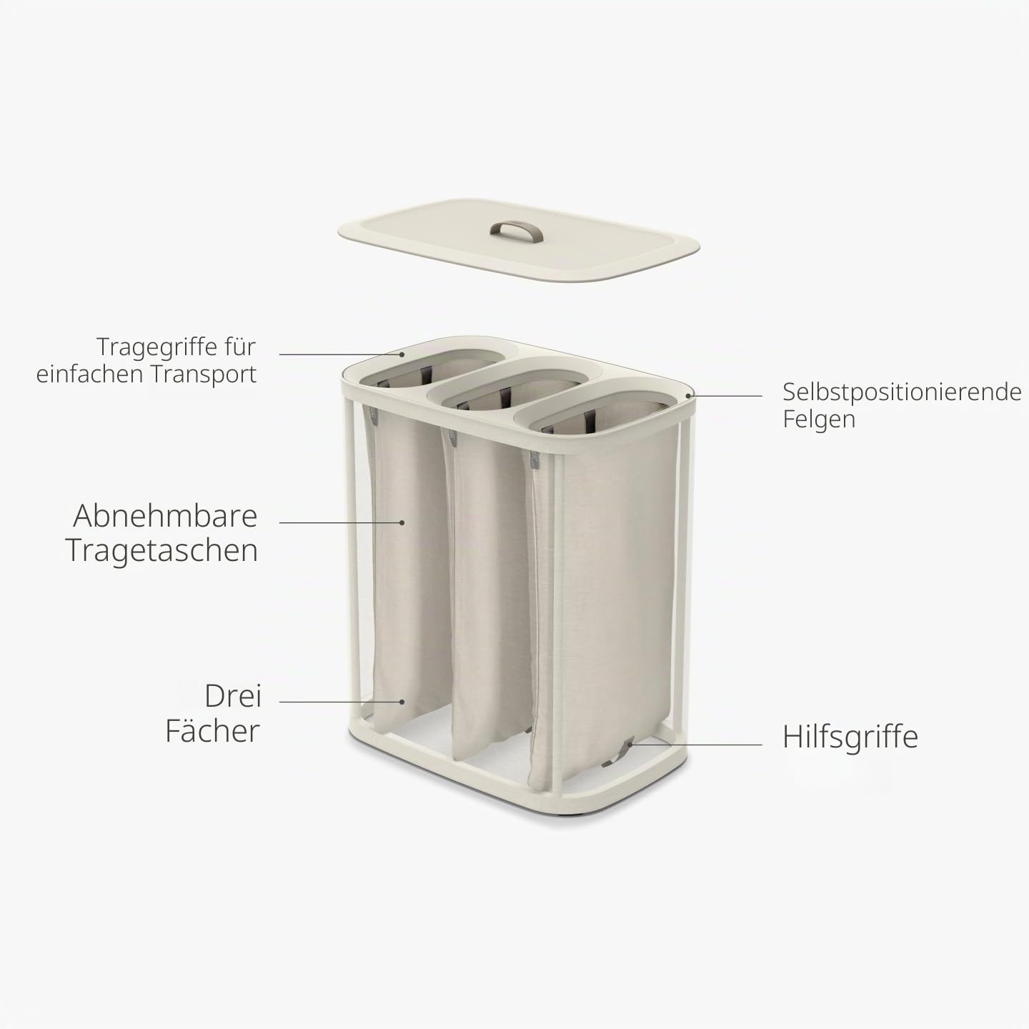 Joseph Joseph Tota - Trio 90 liter laundry basket with lid, 3 removable laundry bags with handles, ecru beige - 50021
