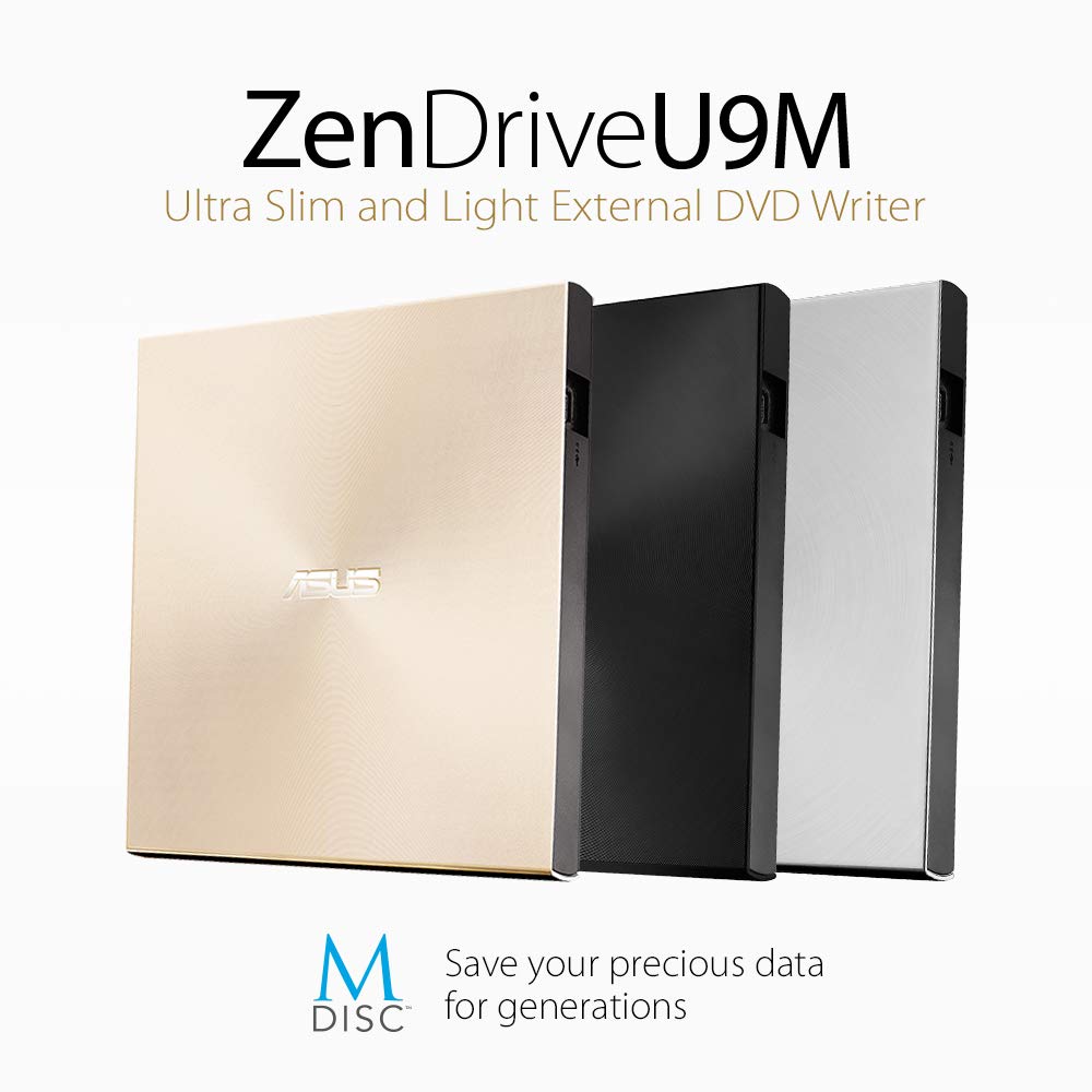 Asus ZenDrive U9M USB-C external Ultra SLIM DVD burner (incl. USB-C cable, burning software & Nero backup app), for Apple MacBooks and Windows PCs/notebooks, USB 2.0, gold - 90DD02A5-M29000