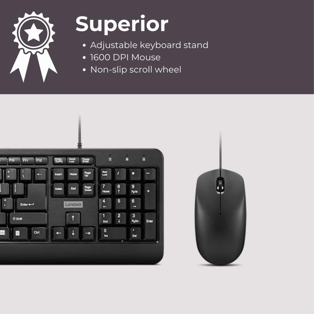 Lenovo 160 combinație între tastatură și mouse cu fir | Exoschelet rezistent la apă | Taste rezistente la stropi | Mouse de dimensiuni complete cu 1600 DPI | Roată de derulare antiderapantă | Suport - GX31L52655