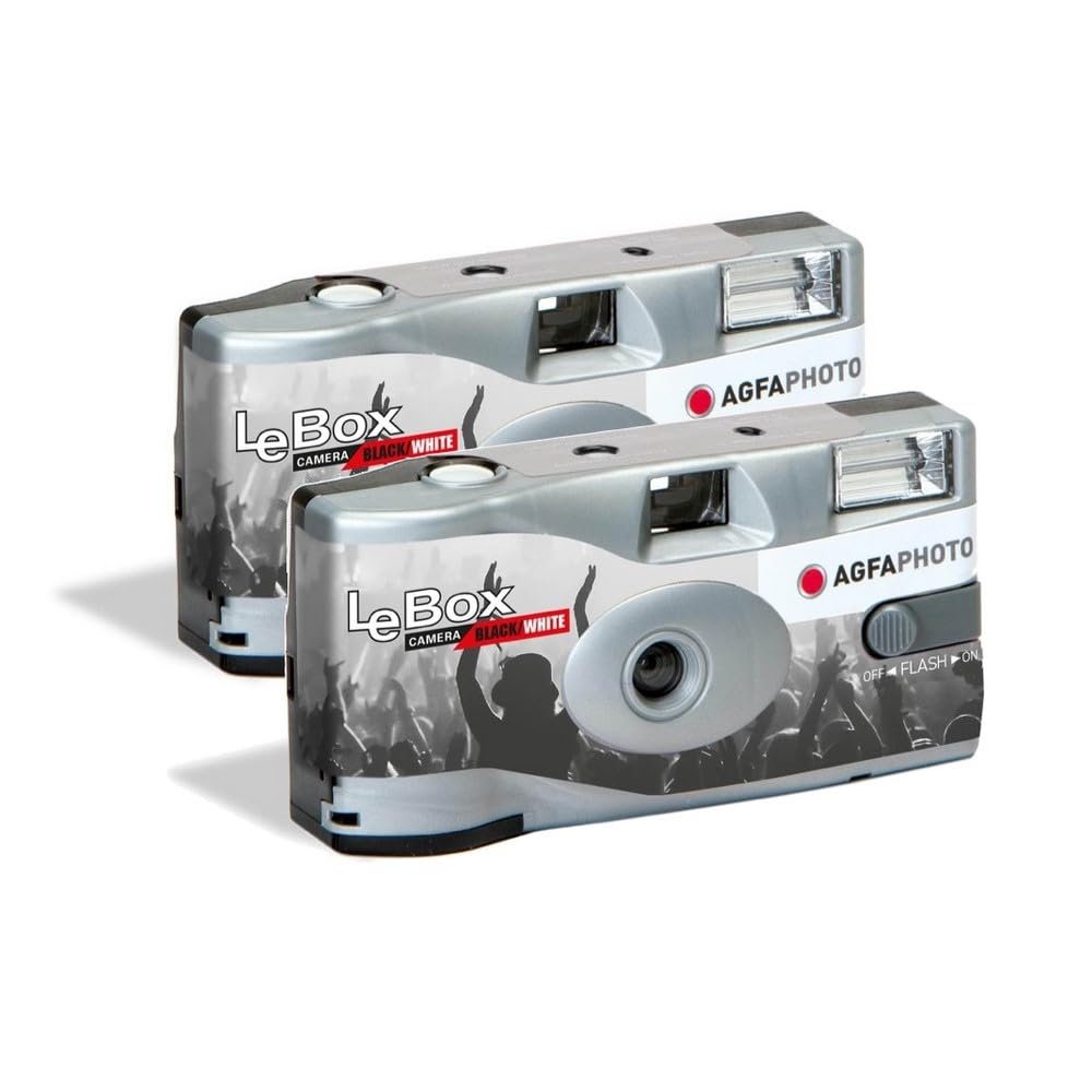 AgfaPhoto Black and White Disposable Camera - LeBox Flash Black & White (2 Pack) - 35mm, 2×36 shots, APX ISO 400 film, 31mm lens, fixed focus and built-in flash - Gray - 3760265545445