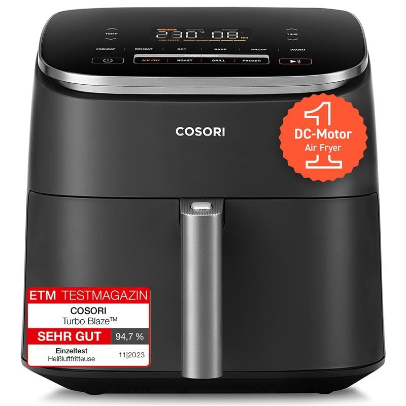 Cosori Turboblaze Airfryer hot air fryer, 9-in-1 Air Fryer XXL 6L, quiet DC motor with 5 speed levels, grilling, baking, fermenting, dehydrating, freezing, 87 recipes, 64% energy saving - CAF-DC601-KEU