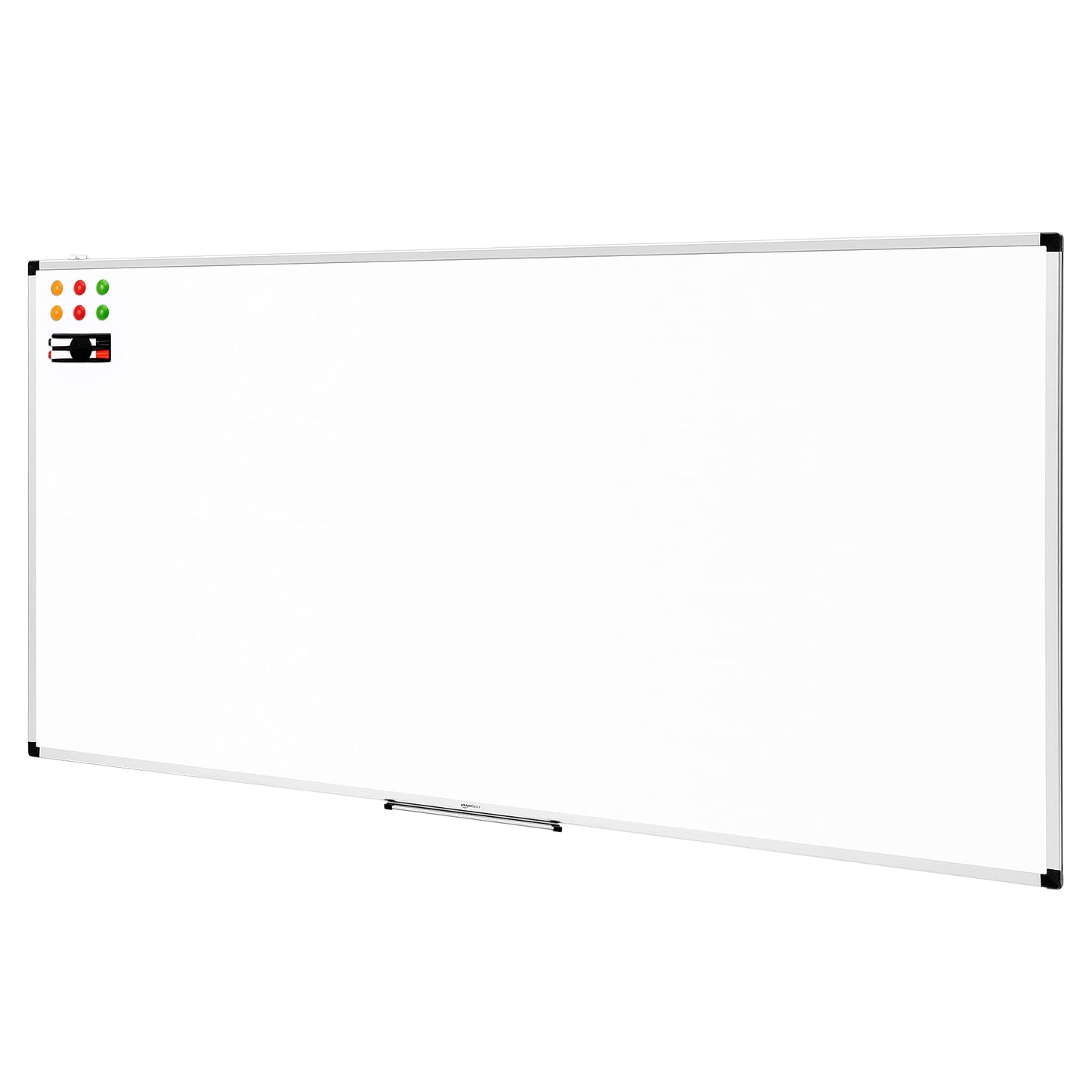 Amazon Basics magnetic whiteboard with aluminum frame, pen holder, 6 magnets, 1 eraser and 2 markers for office and home, wall mounting, dry wipeable, 240cm x 100cm - 1548964552
