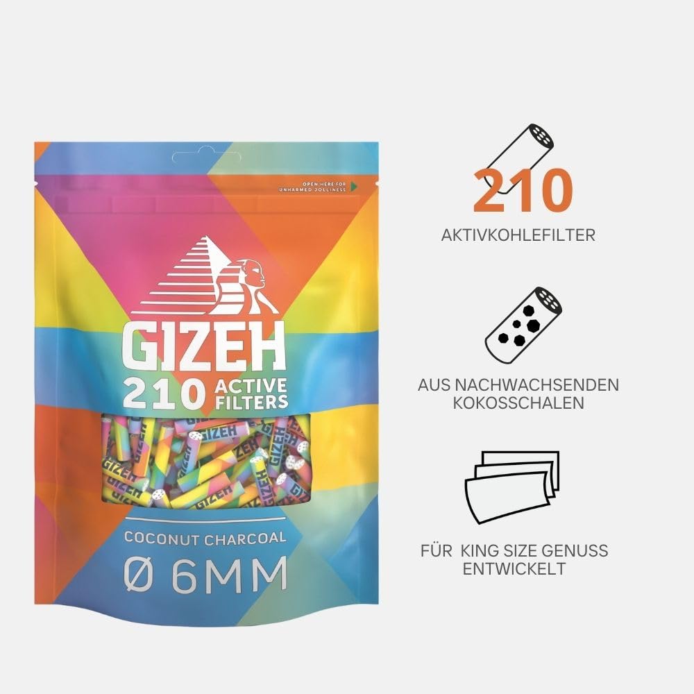 GIZEH RAINBOW Active Filter - activated carbon filter 6 mm diameter in a pack of 210 - activated carbon filter slim with activated carbon made from coconut shell - filter with 27 mm length - 20067