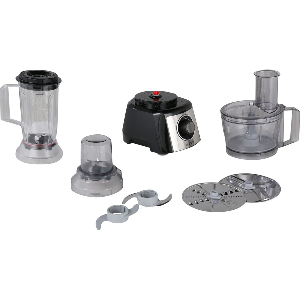 Bosch Kompakt-Küchenmaschine MultiTalent 3, 50 funcții, bol de amestecare de 2,3 L, blender de 1,0 L, cuțit universal, tăiere și răzuire (fină, grosieră), disc pentru frișcă, 900 W, negru, MCM3PM386