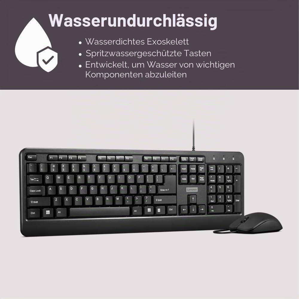 Lenovo 160 combinație între tastatură și mouse cu fir | Exoschelet rezistent la apă | Taste rezistente la stropi | Mouse de dimensiuni complete cu 1600 DPI | Roată de derulare antiderapantă | Suport - GX31L52655