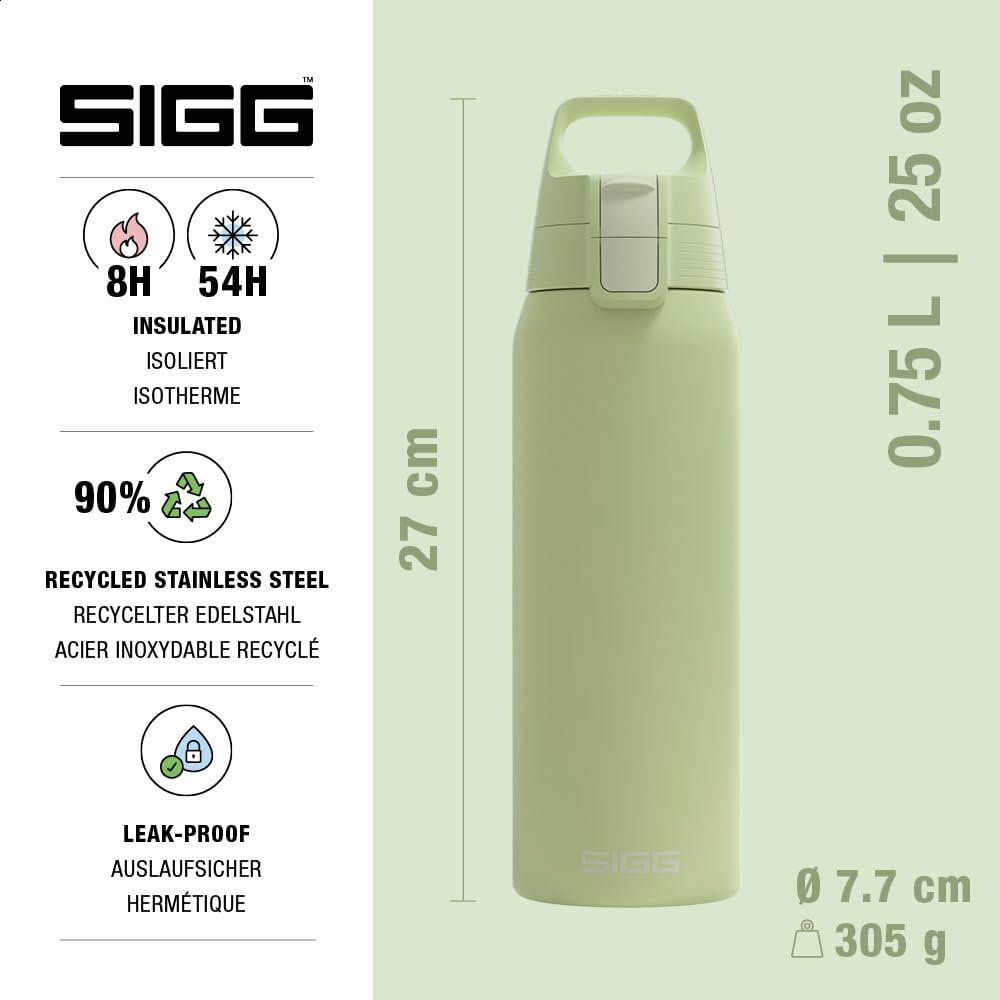 SIGG - Insulated drinking bottle - Thermos bottle Shield Therm One Eco Green carbonated drinks - Leak-proof - Dishwasher safe - BPA-free - 90% recycled stainless steel - Light green - 0.75L - 6021.00