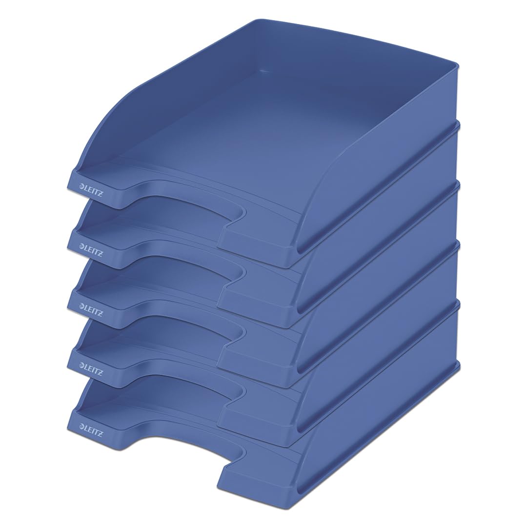 Tavă pentru documente Leitz A4, set de 5, compartimente de depozitare stivuibile, Blue Angel, gamă reciclabilă, albastru, 52275030