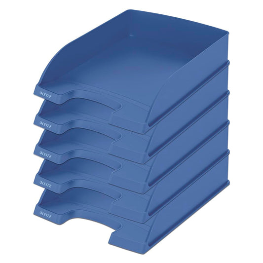 Tavă pentru documente Leitz A4, set de 5, compartimente de depozitare stivuibile, Blue Angel, gamă reciclabilă, albastru, 52275030