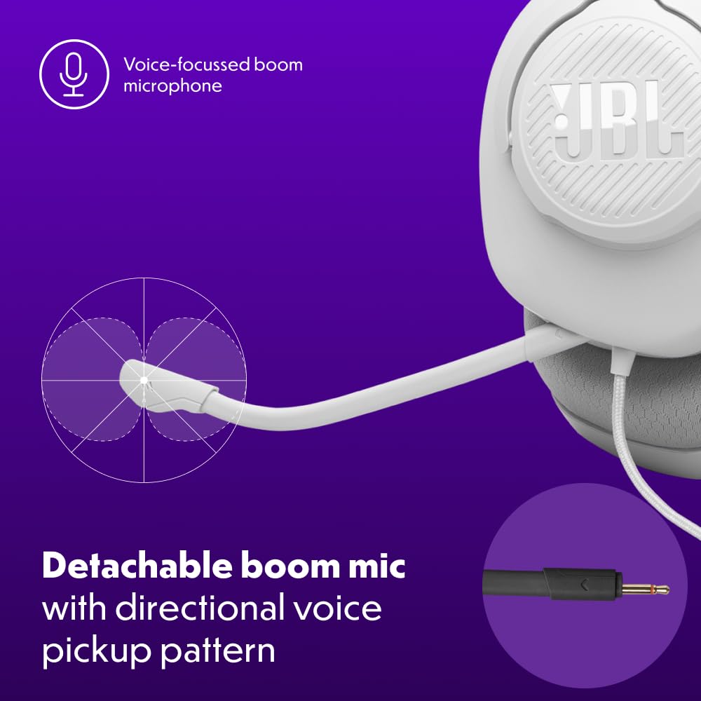 JBL Quantum 100M2 Wired Over-Ear Gaming Headset with JBL QuantumSOUND Signature, 3.5mm jack, multi-platform compatibility and detachable microphone with mute option, white - JBLQTUM100M2WHT