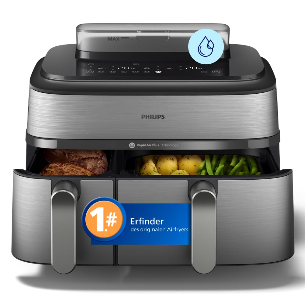 Philips Steam Airfryer 5000 Series Dual Basket Hot Air Fryer with Steam Function & 2 Baskets - Steam, Airfry, SteamFry, 9L (3L+6L), RapidAir Plus, Automatic Steam Cleaning (NA555/00)