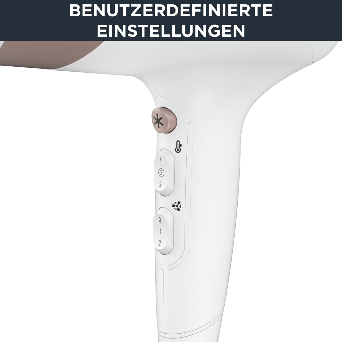 Rowenta Studio Dry Glow Hair Dryer, 2100 Watts, Hairdryer with Diffuser for Curls, 3 Temperature and 2 Speed Settings, Ion Function, Cool Air Button, White/Rose Gold, CV5830