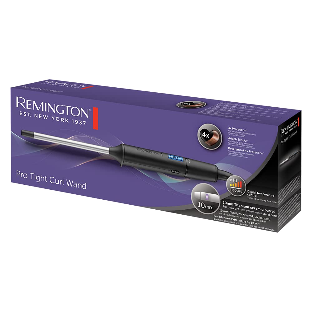 Remington curling iron small curls [10mm] Mini Pro Digital (4-fold protection, antistatic ceramic tourmaline coating) LCD display 130-220°C, spiral curls thin & tight Afro curls, CI6X10