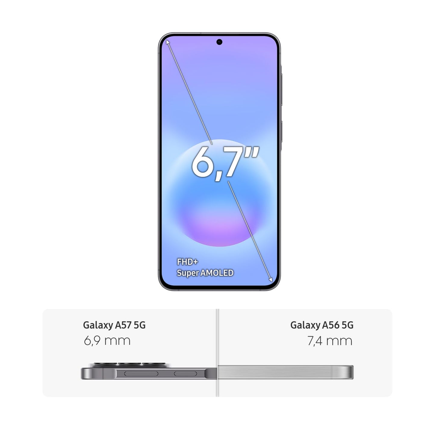 Samsung Galaxy A57 5G, slim AI smartphone, Awesome Intelligence, 128 GB storage space, 50 MP wide-angle camera, up to 2 days battery life, IP68, Awesome Gray, 2.5 year manufacturer's warranty - SM-A57