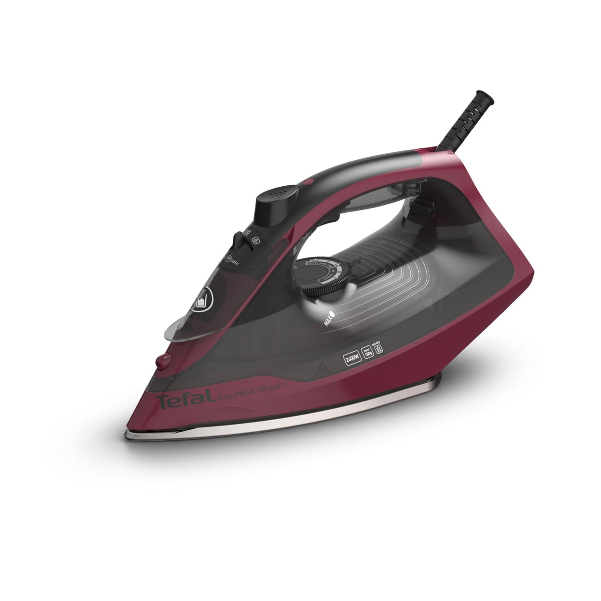 Tefal FV2846 Express Steam Fier de călcat, 2400 W, 40 g/min. reglarea cantității de abur, 180 g/min. jet de abur, funcție anti-picurare pentru a preveni petele pe haine, rezervor de apă de 270 ml, Negru/Roșu vin.