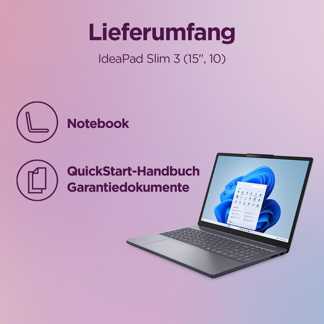 Lenovo IdeaPad Slim 3 Laptop | 15.3" WUXGA Display | AMD Ryzen 5 150 | 512GB SSD | 16GB RAM | AMD Radeon Graphics | QWERTZ | Windows 11 | Luna Gray | 3 Months Premium Care - 83K700H4GE