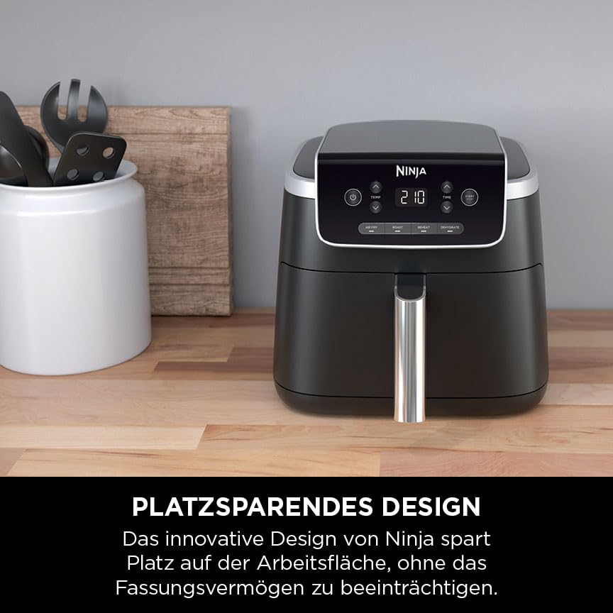 Ninja PRO Air Fryer Heißluftfritteuse, 4,7L Airfryer, Einzelkorb-Heißluftfritteuse, 4-in-1, pentru 1-2 porții, digital, gătire din congelat, sertar antiaderent & coș Crisper, negru AF140EU
