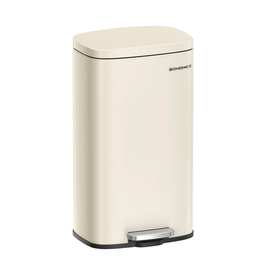 SONGMICS kitchen rubbish bin, 30 liters, waste bin, pedal bin, with lid, soft close, foot pedal, steel, inner bin, sand beige LTB03A02