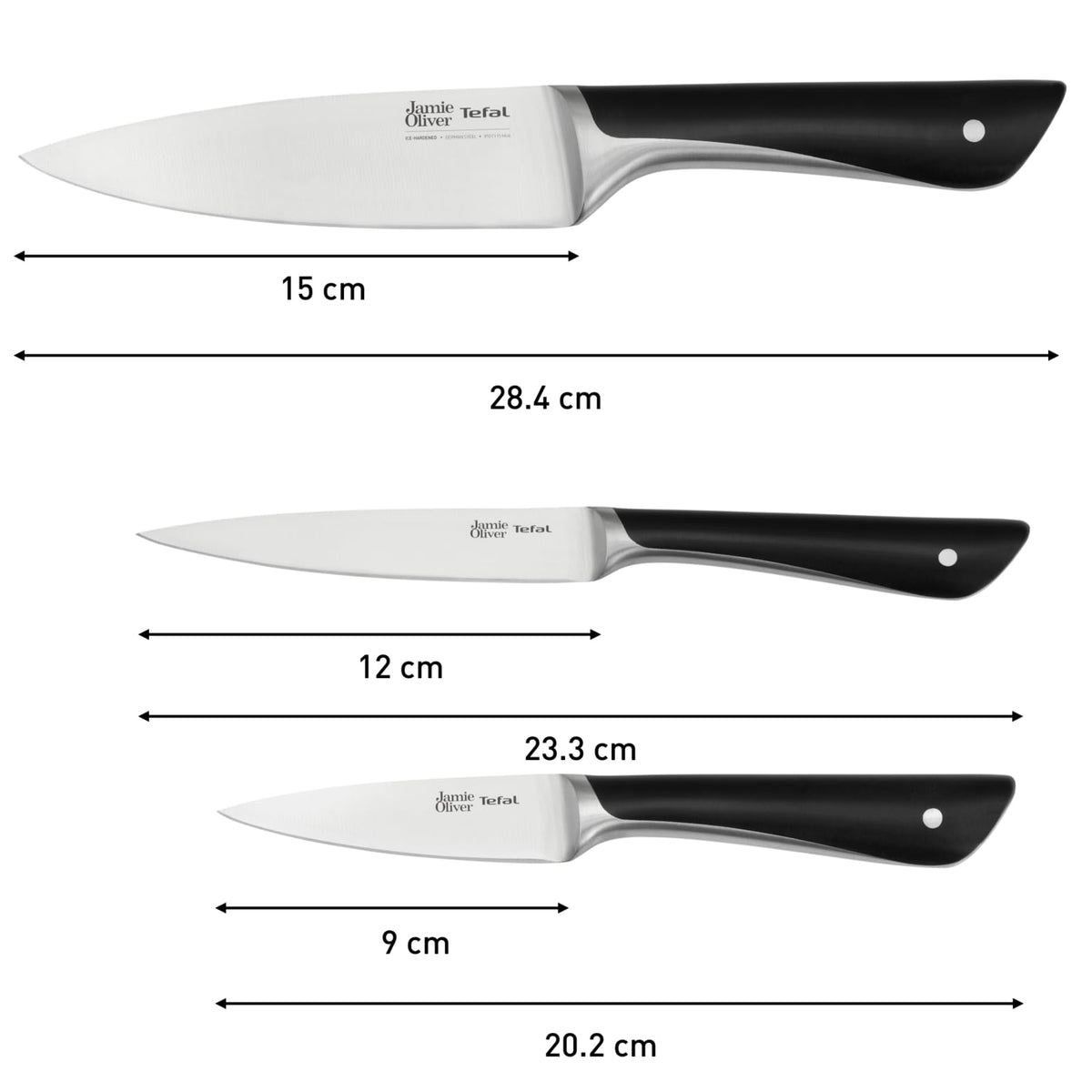 Tefal Jamie Oliver 3-piece knife set, chef's knife, utility knife, paring knife, high cutting performance, distinctive design, durable blades, stainless steel, black, K267S355