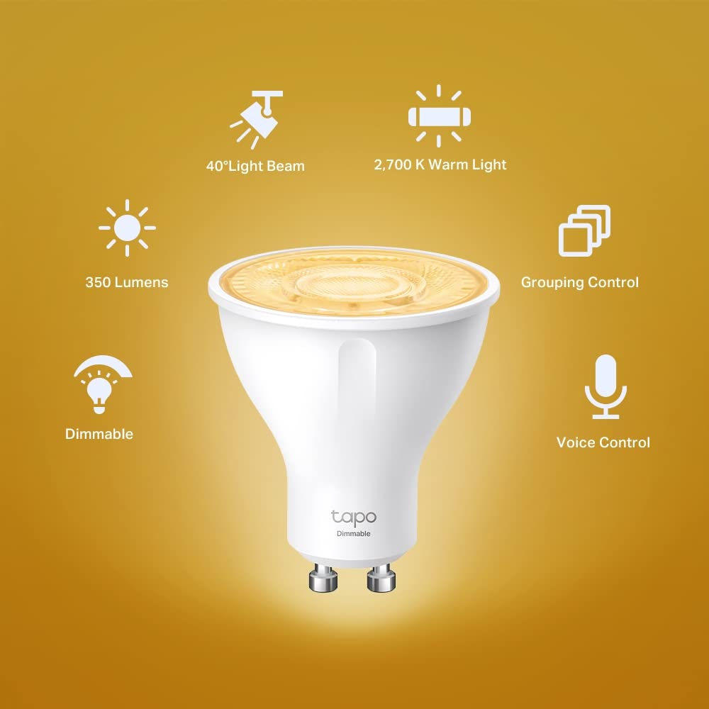 Tapo TP-Link bec inteligent WLAN GU10 L610, 4 bucăți, economisire de energie, 2.9 W echivalent cu 50W, lampă inteligentă dimabilă, accesorii smart home Alexa, compatibil cu Alexa și Google Assistant, Alb