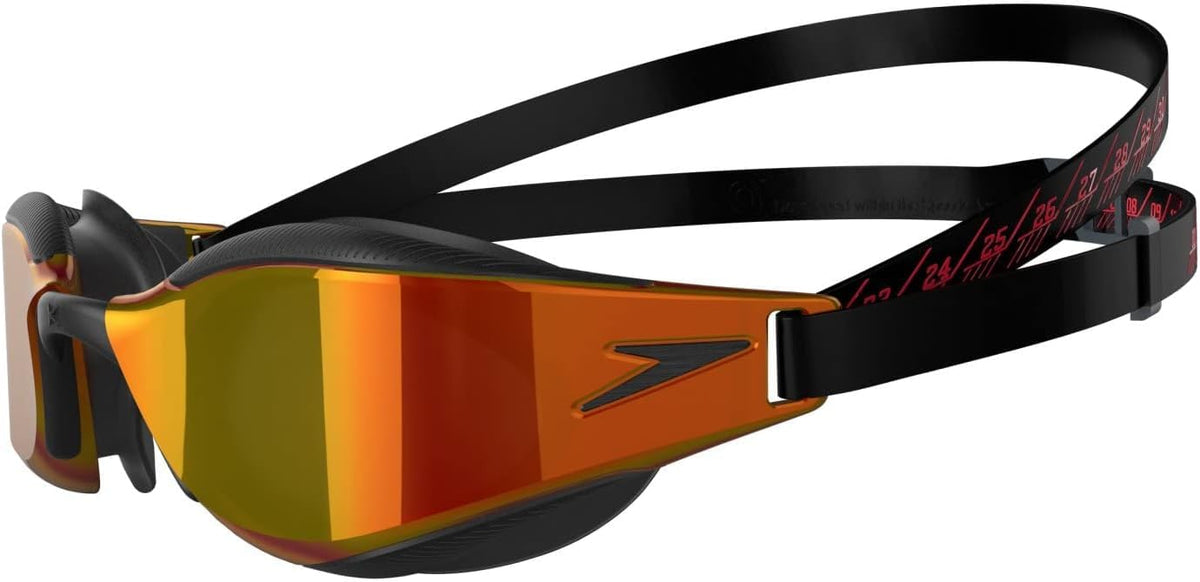 Speedo Unisex Adult Fastskin Hyper Elite Swim Goggles | Competition Swim Goggles | Performance | Training | Hydrodynamic Swim Goggles, Black/Dragon Fire/Gold, One Size - 5053744613413