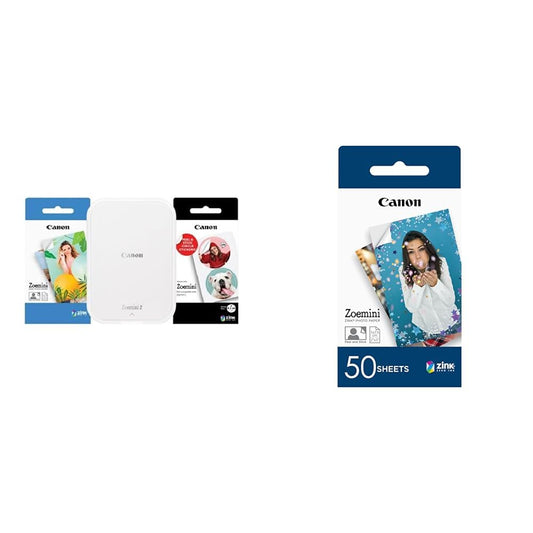 Canon Zoemini 2 „Printing Kit“ imprimantă foto, alb perluit & Zoemini 5 x 7,5 cm hârtie foto Zink | Pachet cu 50 de foi | Fără cerneală, fără efort. | Perfect pentru a distribui fotografii de amintiri