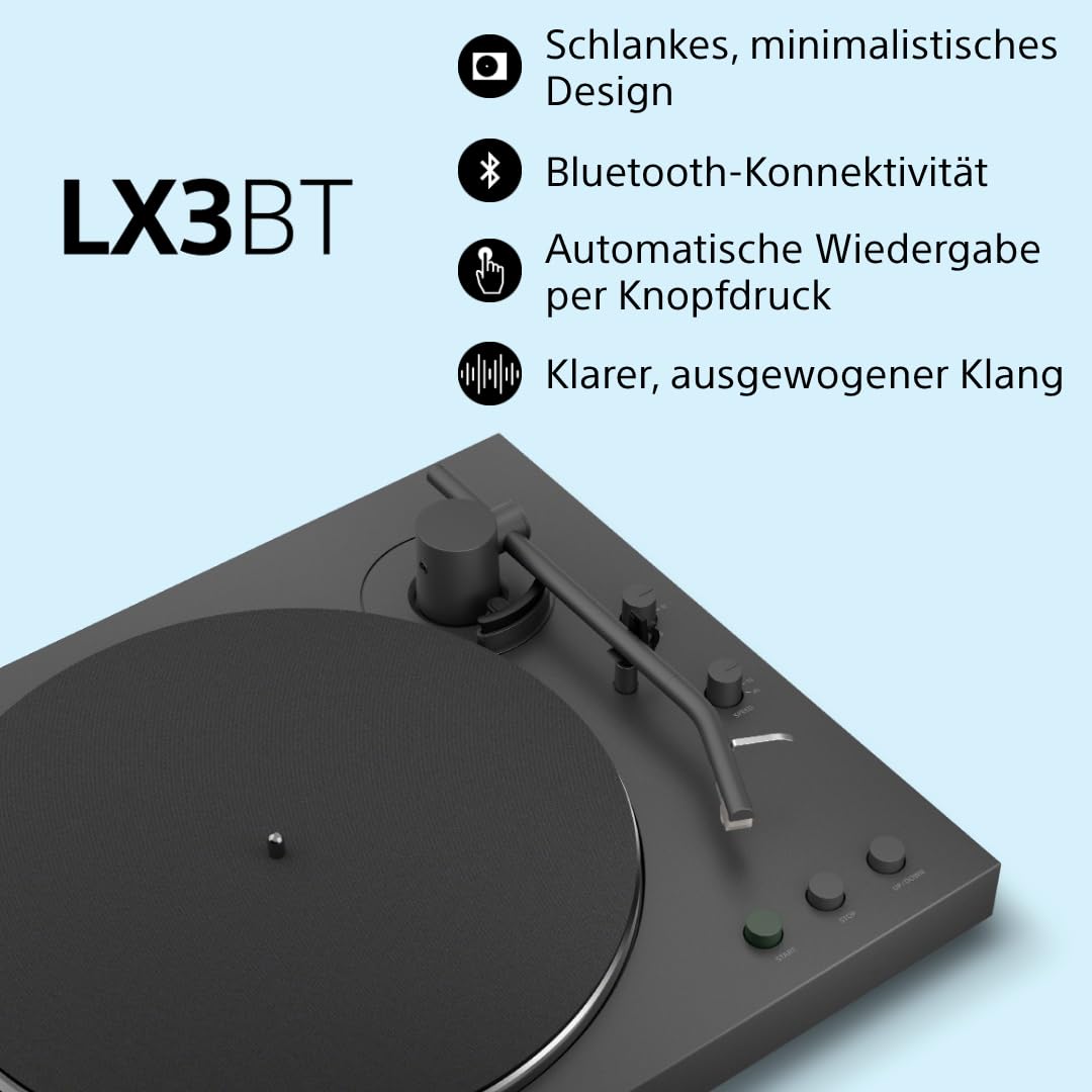 Sony PS-LX3BT wireless Bluetooth turntable with fully automatic playback, Hi-Res Audio, belt drive, built-in phono preamp, 2 speeds, and dust cover – Black