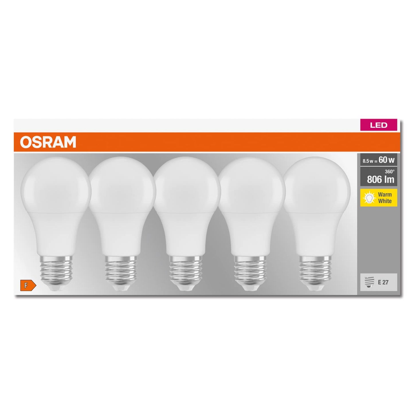 Osram LED bulb, base: E27, warm white, 2700K, 8.50W, replacement for 60W bulb, matt, LED BASE CLASSIC A, 10 x pack of 5 - 4058075090491