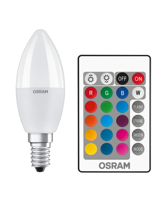 OSRAM STAR+ RGBW LED Lamp with E14 base, RGB colors adjustable via remote control, 5.5W, candle shape, replacement for 40W incandescent bulb, matte, LED retrofit RGBW lamps with remote control, 4-pack - 4058075430860