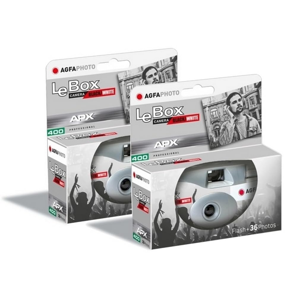 AgfaPhoto Black and White Disposable Camera - LeBox Flash Black & White (2 Pack) - 35mm, 2×36 shots, APX ISO 400 film, 31mm lens, fixed focus and built-in flash - Gray - 3760265545445