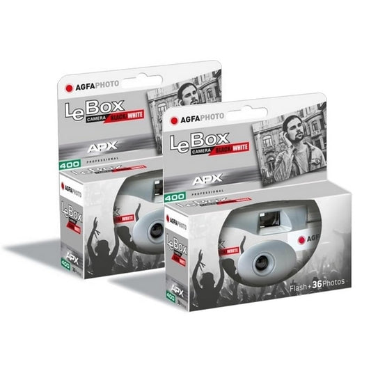 AgfaPhoto Black and White Disposable Camera - LeBox Flash Black & White (2 Pack) - 35mm, 2×36 shots, APX ISO 400 film, 31mm lens, fixed focus and built-in flash - Gray - 3760265545445