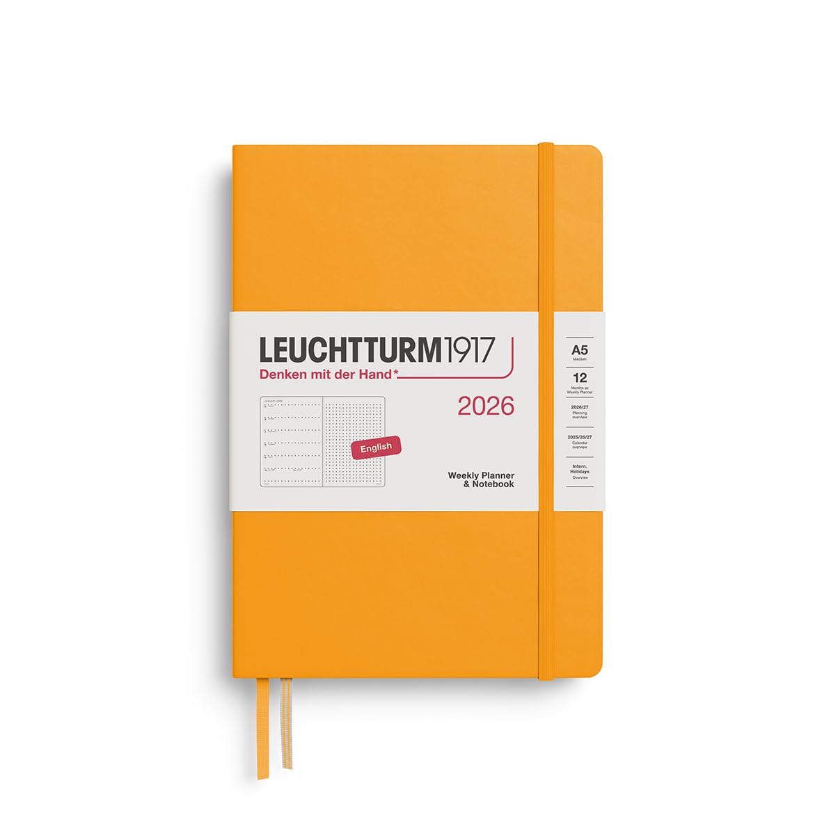 LEUCHTTURM1917 372702 Weekly Calendar & Notebook Dotted Medium (A5) 2026, Rising Sun, English