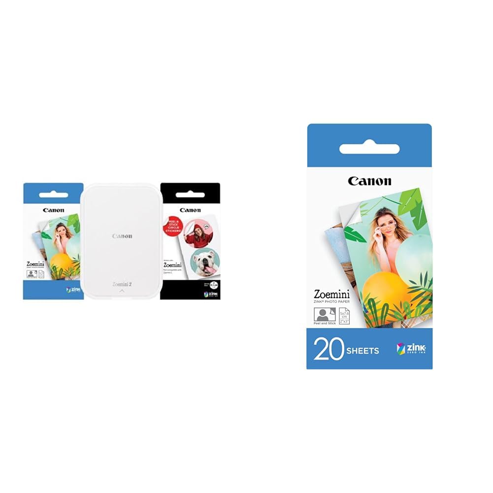 Canon Zoemini 2 Mini Photo Printer, portable and compact for on-the-go use, fits in your pocket. Printing KIT & ZP-2030 Original Zink photo paper, 20 sheets included. Zoemini instant camera/photo printer.