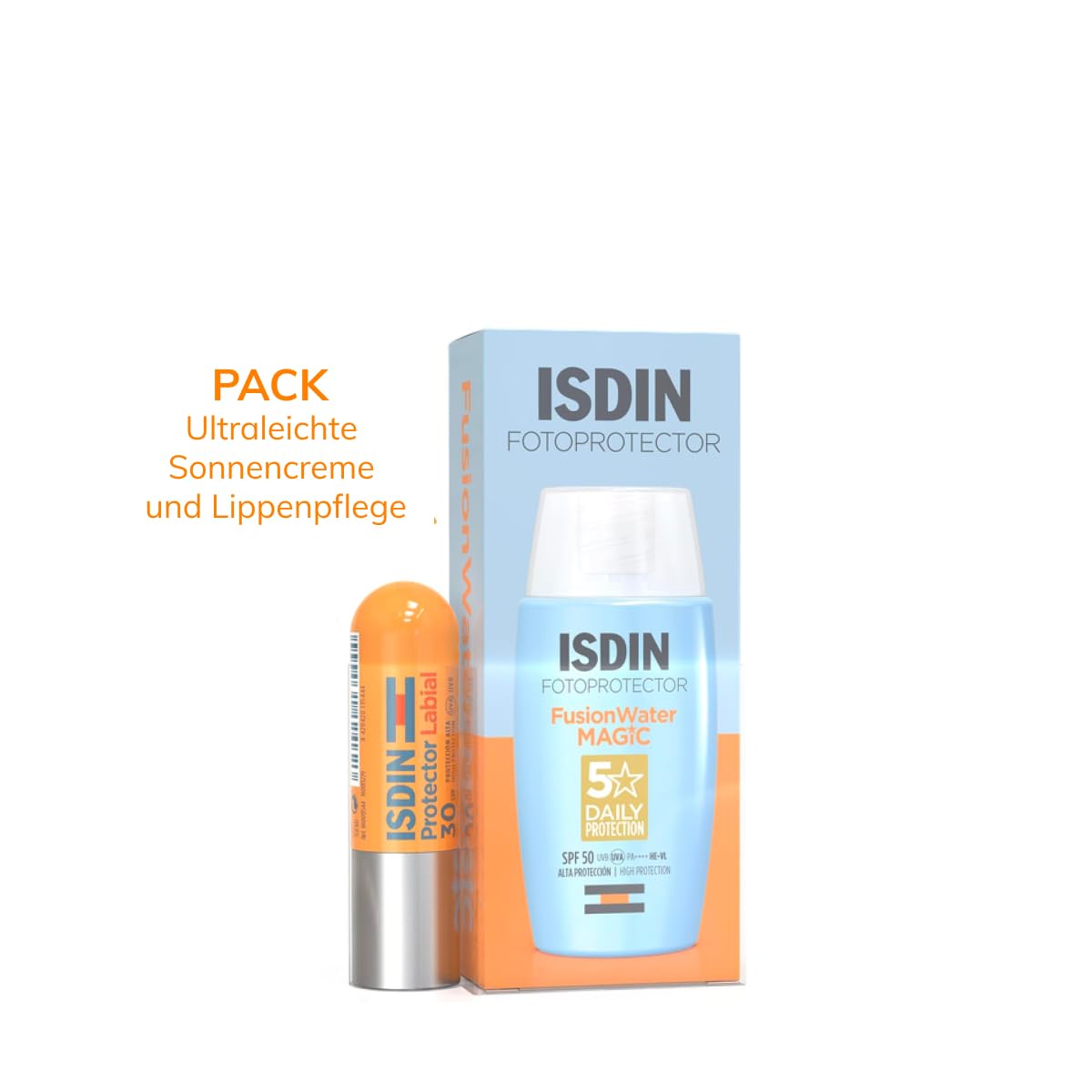 ISDIN Set Fusion Water MAGIC SPF 50 (50ml) + Lip Balm SPF 30 (4g) - Ultralight sun cream face & lip protection - Water-based, does not sting the eyes - 690028001