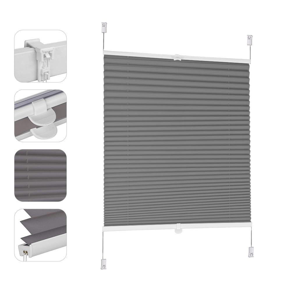 Sekey pleated blinds without drilling, window pleated blinds Klemmfix blinds 80 cm wide, tensioned opaque sun protection window blind, 80x210cm, dark gray - BL-1224