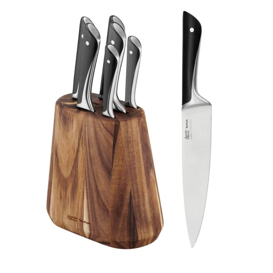 Tefal Jamie Oliver 7-piece knife block, 6 kitchen knives + acacia wood knife block, high cutting performance, distinctive design, durable and long-lasting blades, brown/black, K267S7 - K267S656