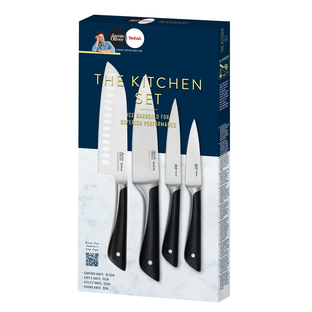 Tefal Jamie Oliver 4-piece knife set, chef's knife, santoku knife, utility knife, paring knife, distinctive design, ice-hardened, durable blades, stainless steel/black, K267S4 - K267S455