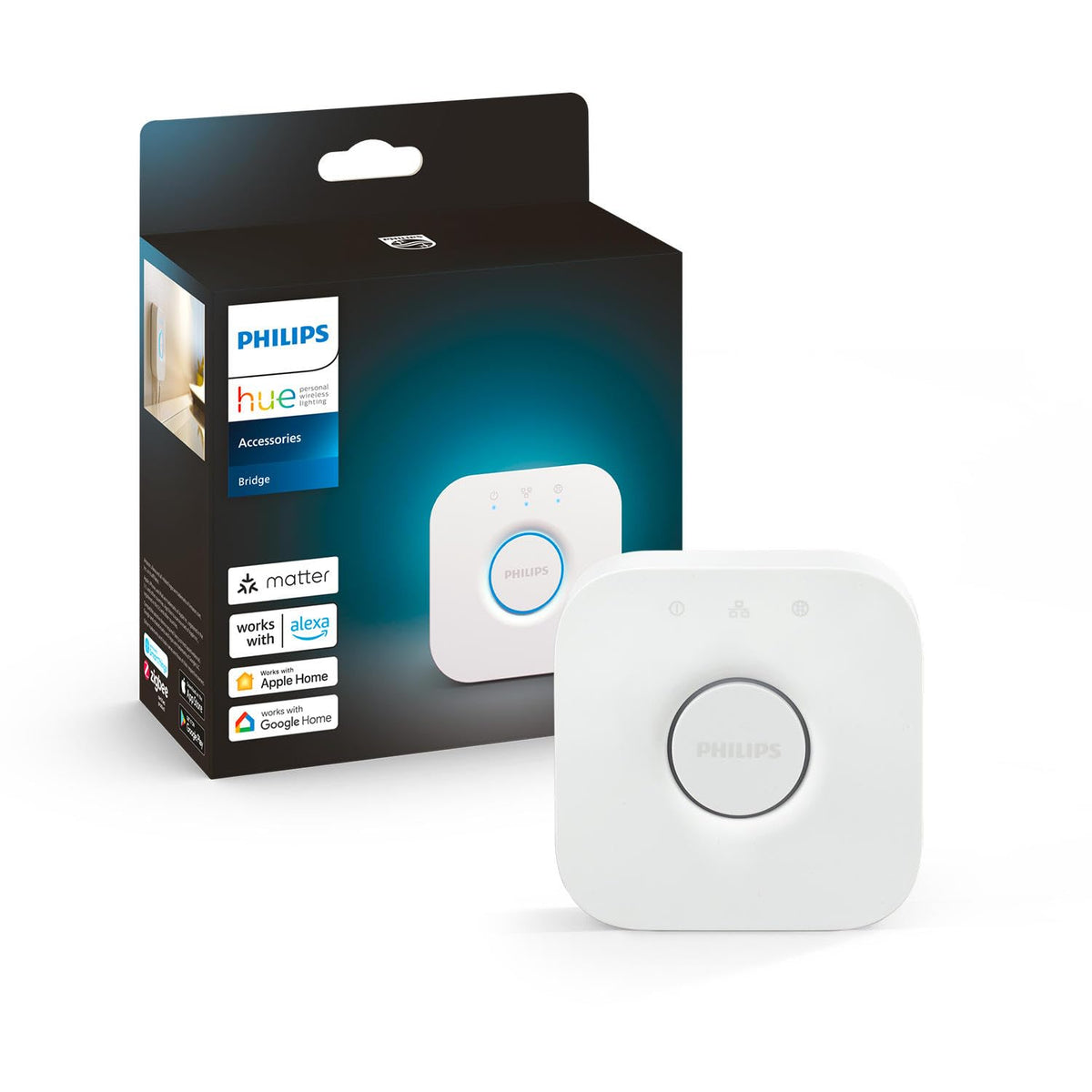 Philips Hue Bridge 
 Standard control for Hue lighting systems, smart control center for managing Hue smart home lights, compatible with voice control and accessible via app from anywhere. - 929001180642
