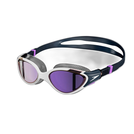 Speedo Women's Biofuse 2.0 Mirrored Swim Goggles | Designed for Women | Patented Adjustment Mechanism | Anti-Fog | Waterproof | Comfortable Fit White/True Navy/Sweet Purple One Size - 8-003775
