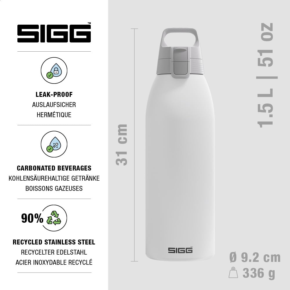SIGG - Insulated drinking bottle - Thermos bottle Shield Therm One White - carbonated drinks - leak-proof - dishwasher safe - BPA-free - 90% recycled stainless steel - white - 1.5L - 6167.90